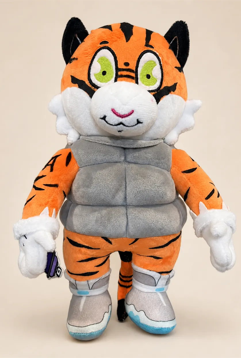 Custom character plush toy with embroidered facial details
