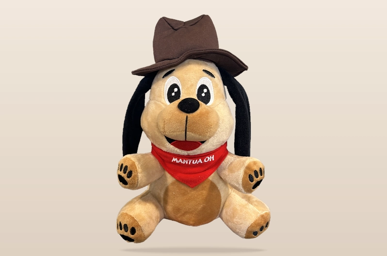 Custom mascot plush toy with branded clothing