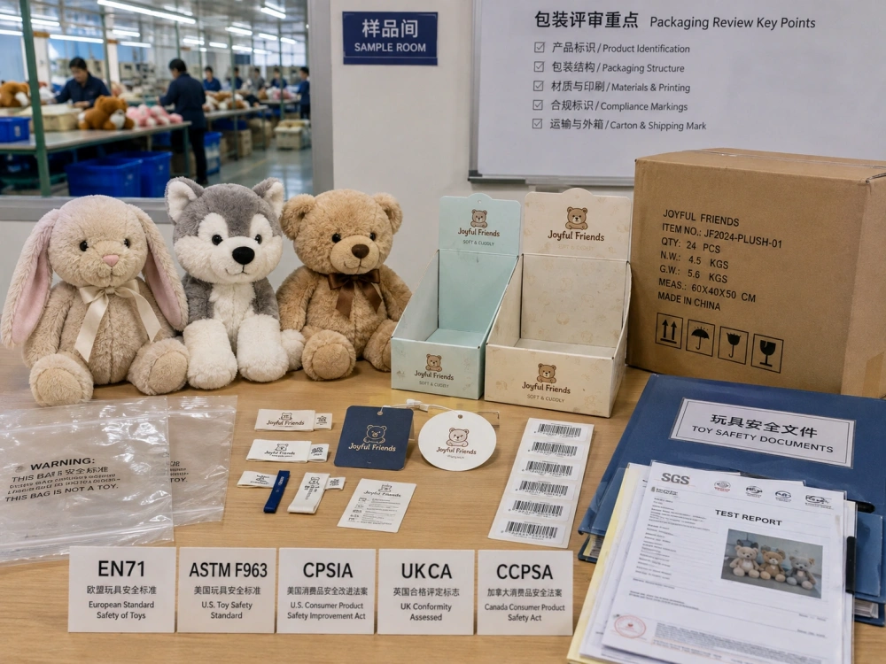 Custom plush toy showing fabric, embroidery, clothing, accessory and label details