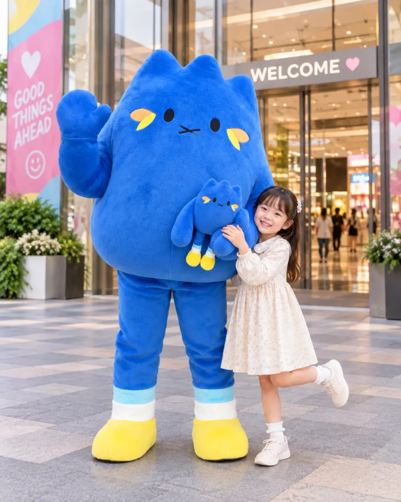 Before and after visual showing mascot reference to finished plush toy