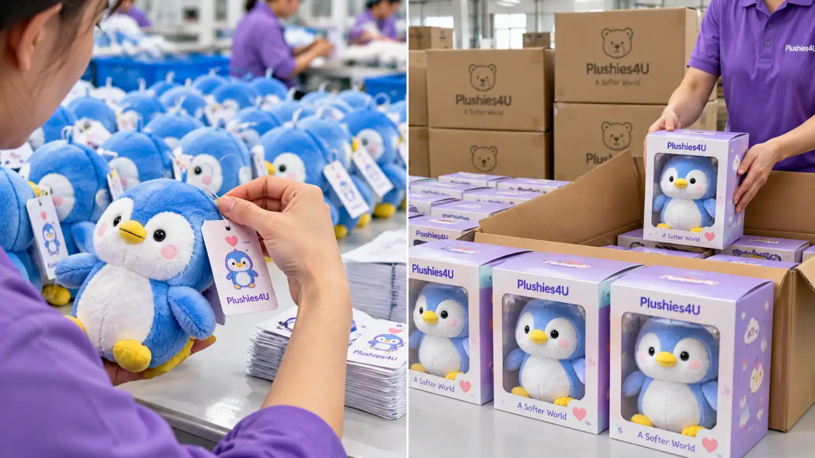 Custom plush toy hangtag attachment and retail box packaging scene in the factory