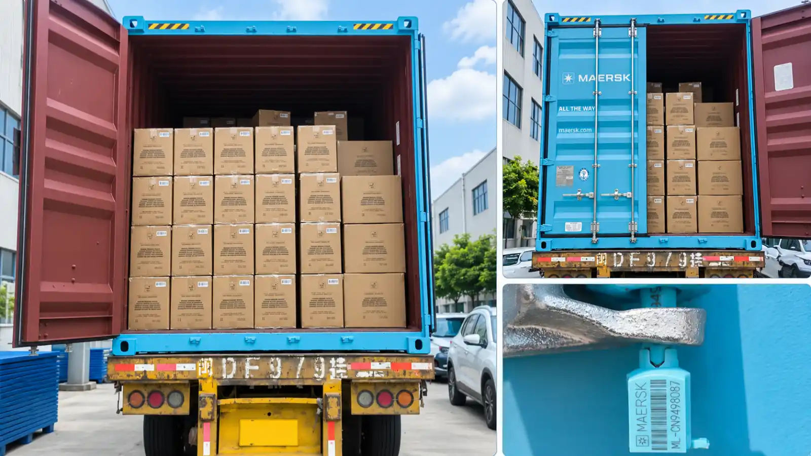 Shipping container loaded with cartons of custom plush toys at the factory logistics area