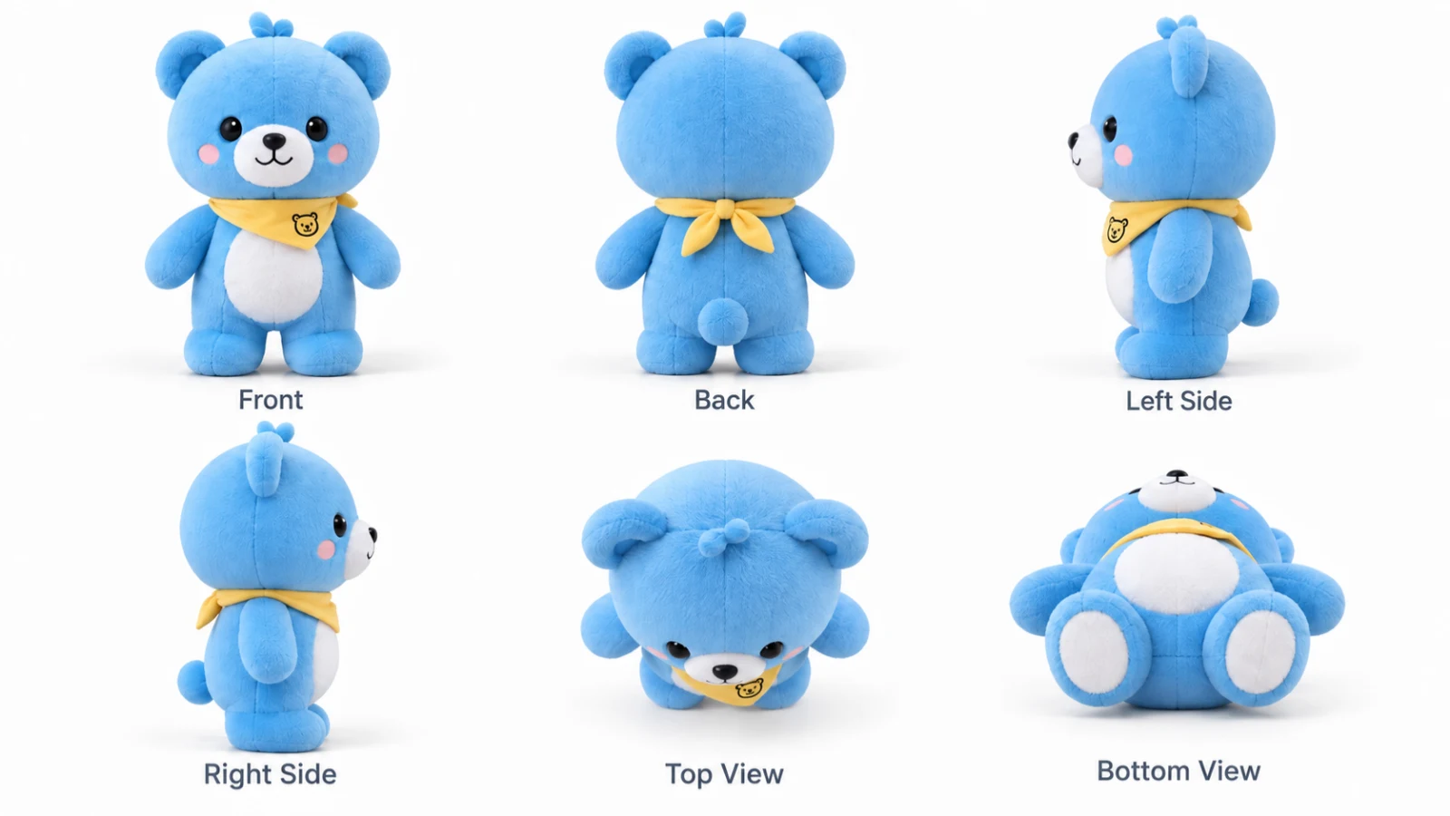 Plush toy displayed in six views including front back left side right side top view and bottom view