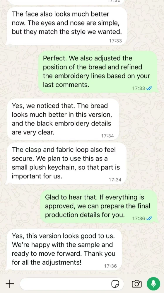 Chat history showing sample confirmation