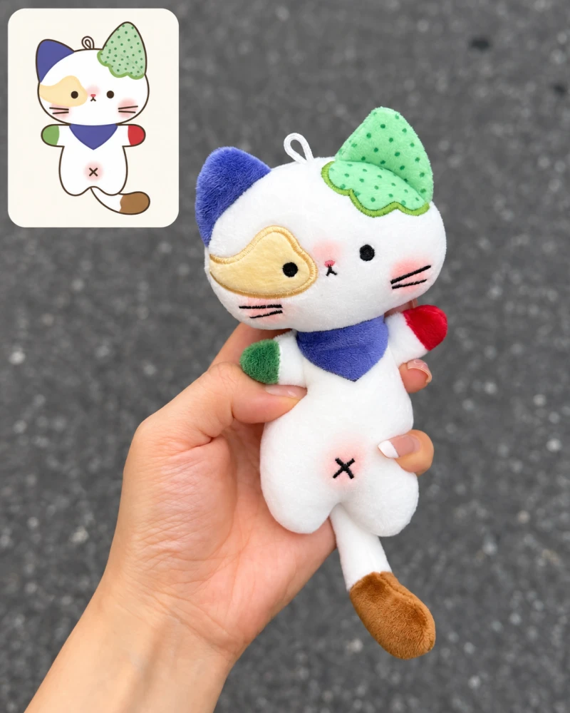 Before and after visual showing mascot reference to finished plush toy