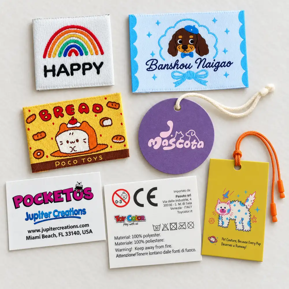 Custom branding, woven labels, and hangtags on plush bags