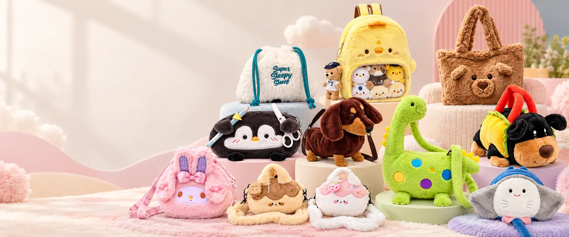 Custom plush bags including animal backpacks, character bags and crossbody styles by Plushies4u